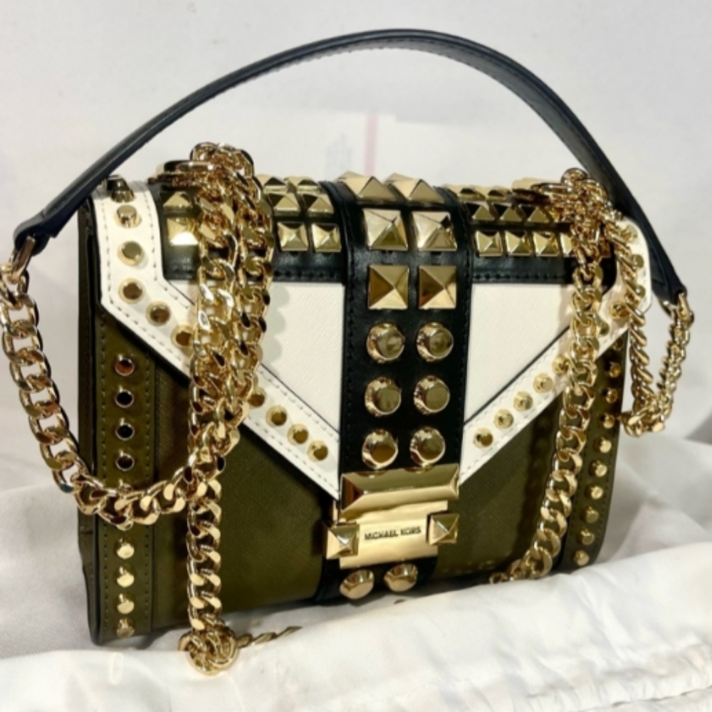 Michael Kors Whitney Leather Crossbody Green Cream Black Gold Studded NEW